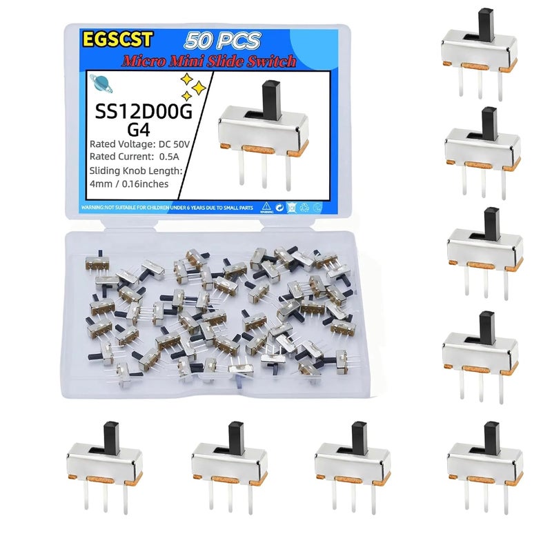 EGSCST 50 قطعة مفتاح منزلق ميكرو ميني SPDT مفاتيح تبديل 1p2t موضعين 3 دبابيس صغيرة مصغرة عمودية جبل لوحة DIP مقبض لأردوينو PCB لوحة دائرية مشروع إلكتروني - SS12D00G 4 مم DC 50 فولت 0.5 أمبير - Image 1